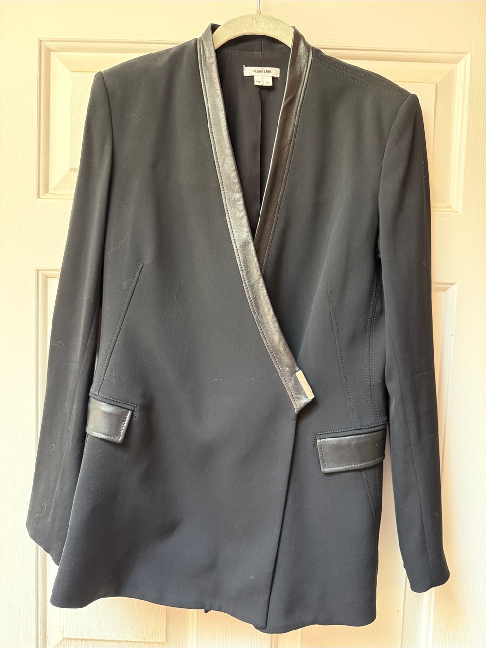 Helmet lang wool Black Blazer with Leather Trim and snap front size 10 excellent